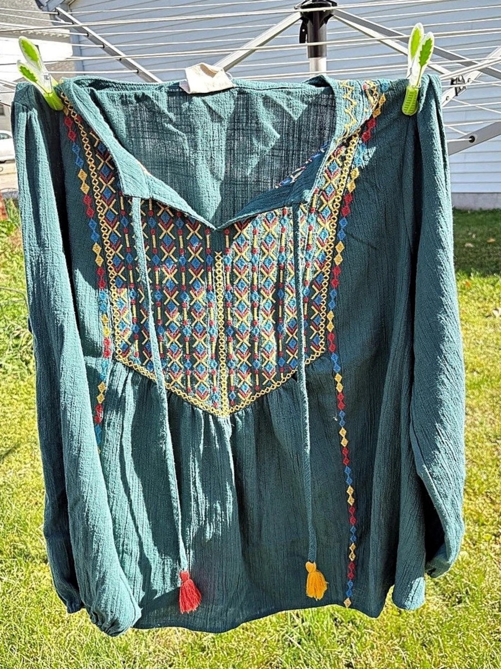 Savannah Jane Boho Embroidered Tunic with Tassels in Green Size 3x Like New